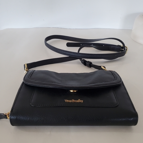 VERA BRADLEY Black Leather Crossbody Zip Wallet Handbag Floral Lining Pockets A+ - Picture 6 of 16